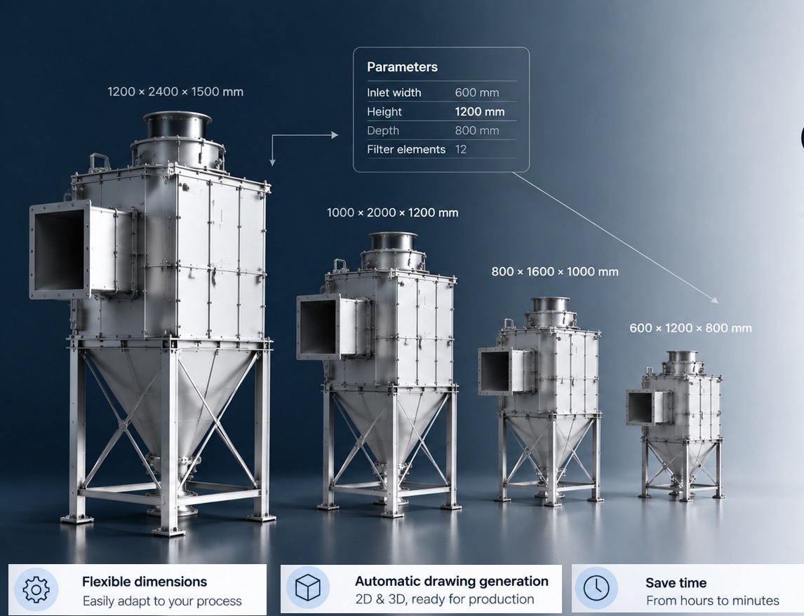 Parametric engineering showing multiple configurable filter housing variants