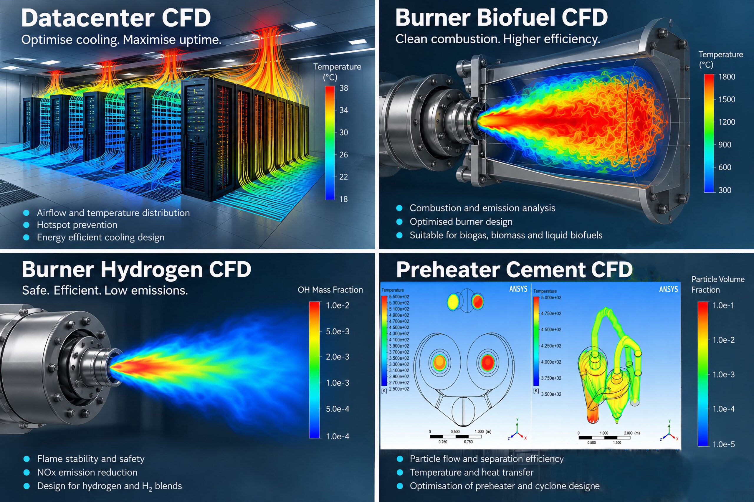CFD applications: datacenter cooling, biofuel burner, hydrogen burner and cement preheater