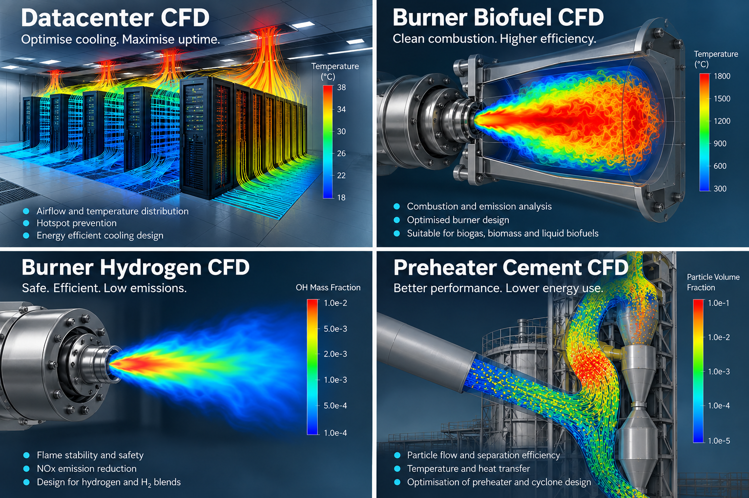 CFD applications: datacenter cooling, biofuel burner, hydrogen burner and cement preheater